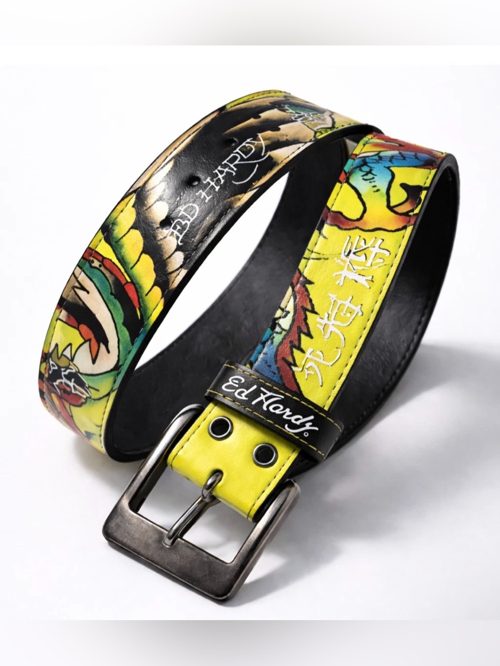 Ed Hardy Dragon Belt Neon Yellow Studded Grommet Faux Leather Men’s Y2K NWT